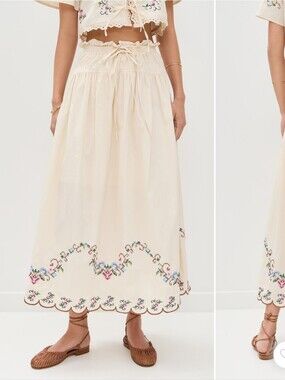 Moon River Cream Eyelet Scallop Hem Midi Skirt